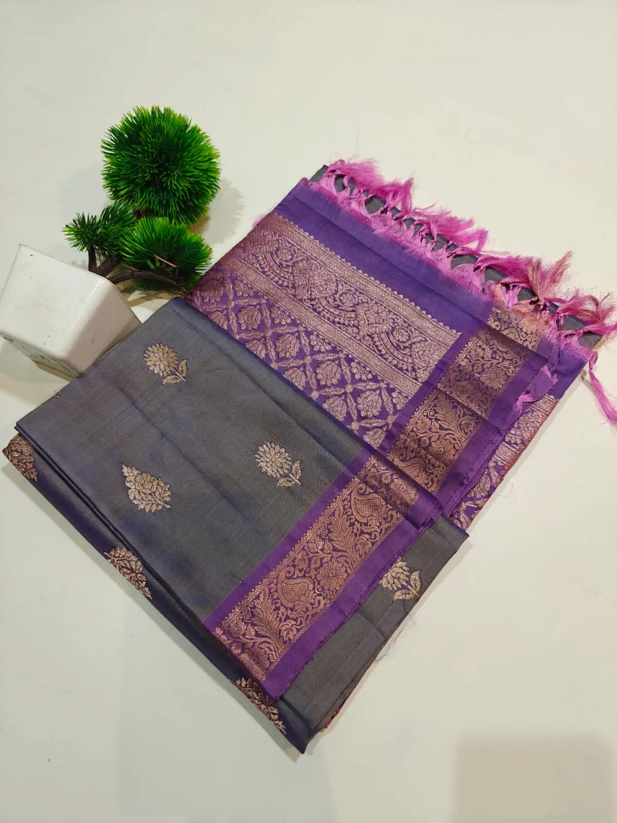Charcoal Purple Paisley Silk Saree